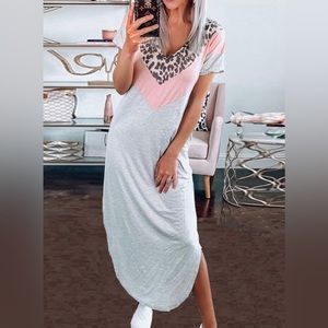 Lovely Melody Gray & Pink Leopard Color Block V Neck T Shirt Dress, Size Small